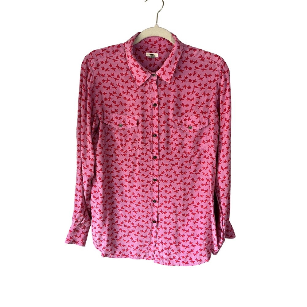 Fossil Womens Silk Pink Red Bird Print Long Sleeve Button Down Shirt Size M